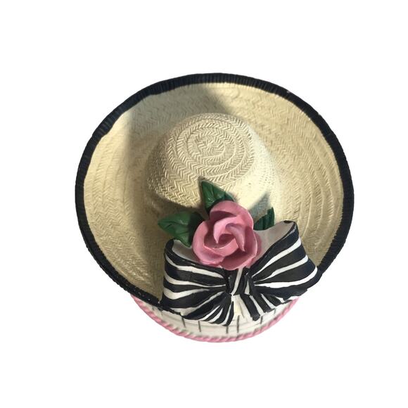 Vintage Women's Hat Ceramic Trinket Box Artisan Flair Pink Rose Bow Novelty - Picture 5 of 12